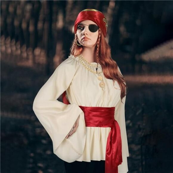 Pirate Costume Accessories Set Hat Bandana Sash Eye Patch Earring Necklace - Picture 5 of 8